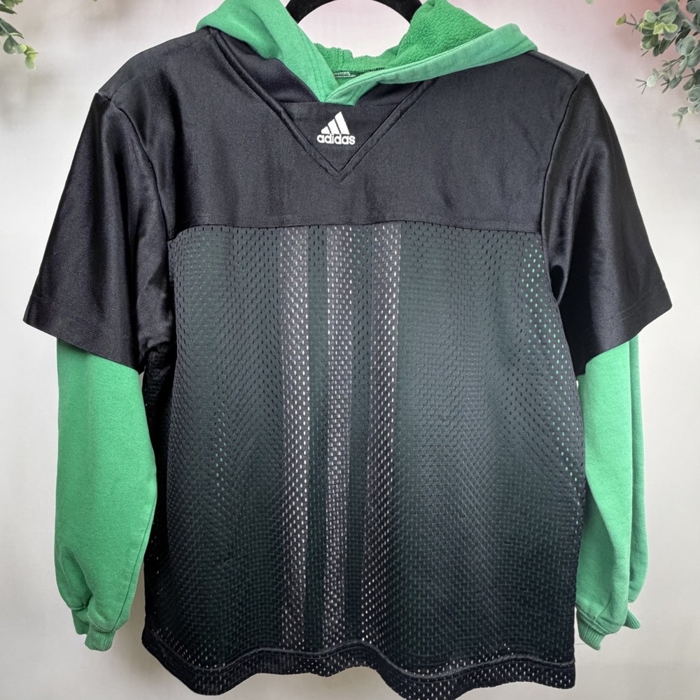 Adidas Boy's Green Pullover Hoodie/ Sweatshirt Mesh Overlay Black Fits‎ Size L